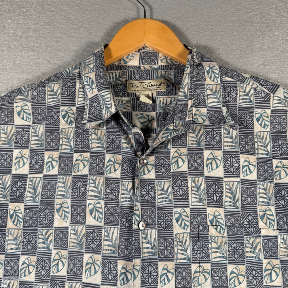 Tori Richard Mens Blue Geometric Botanical Cotton Lawn Button Front Shirt P390 - Picture 3 of 13